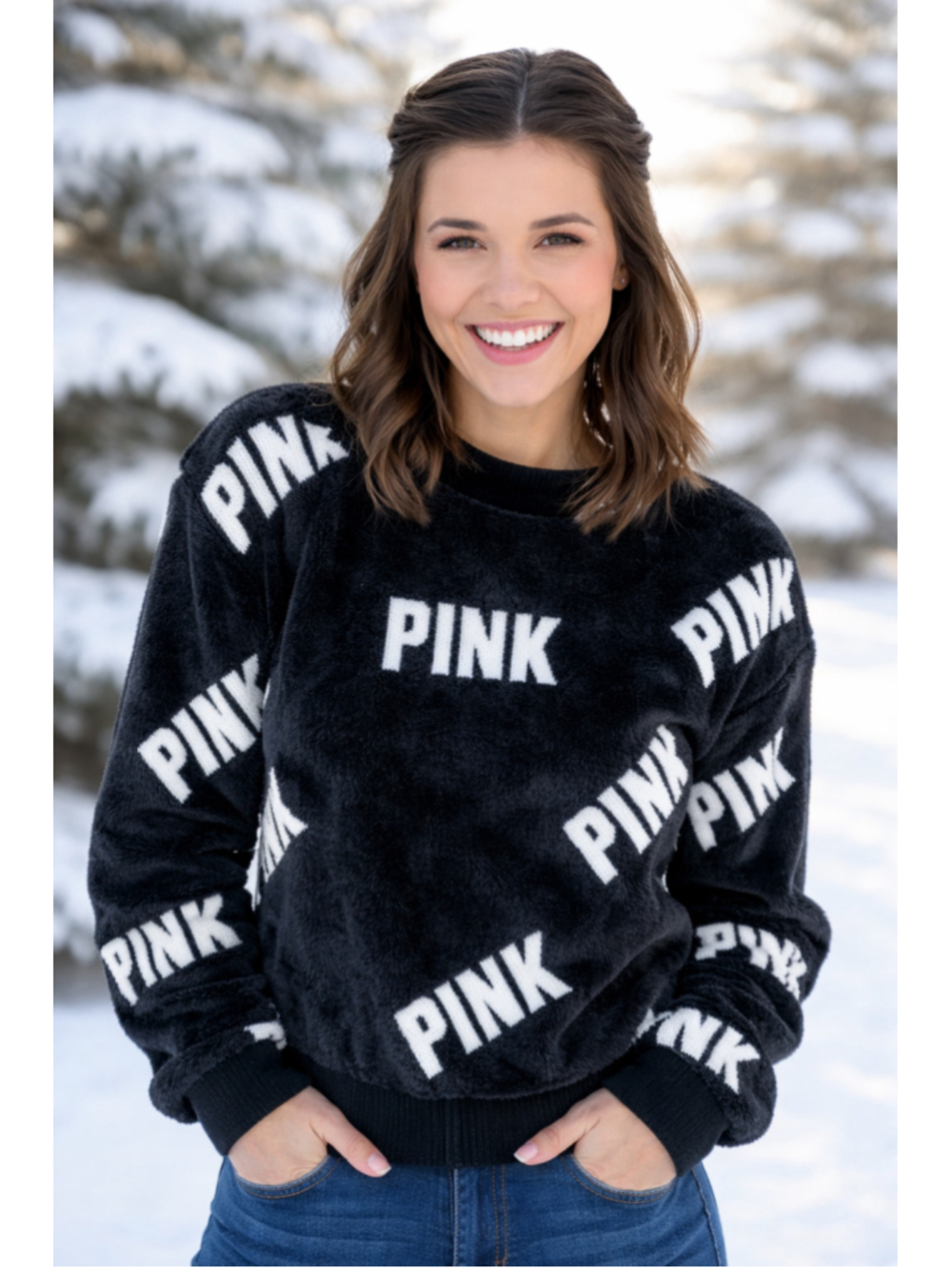 Victoria's Secret PINK Rare Vintage Faux Fur Crew Sweatshirt Size XS (19” PTP)